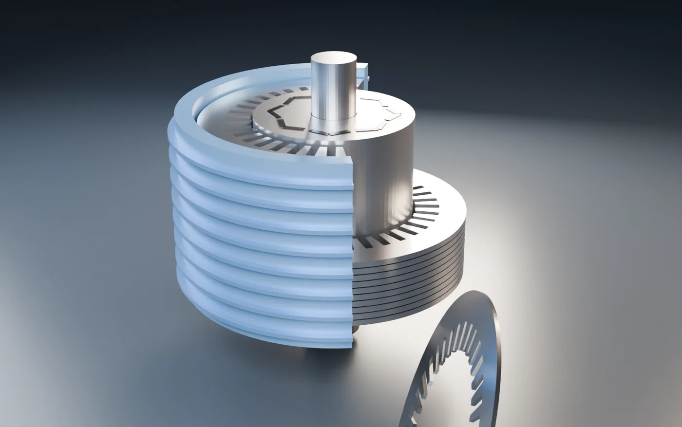 Cutaway of an EV traction motor showing the bonded lamination stack